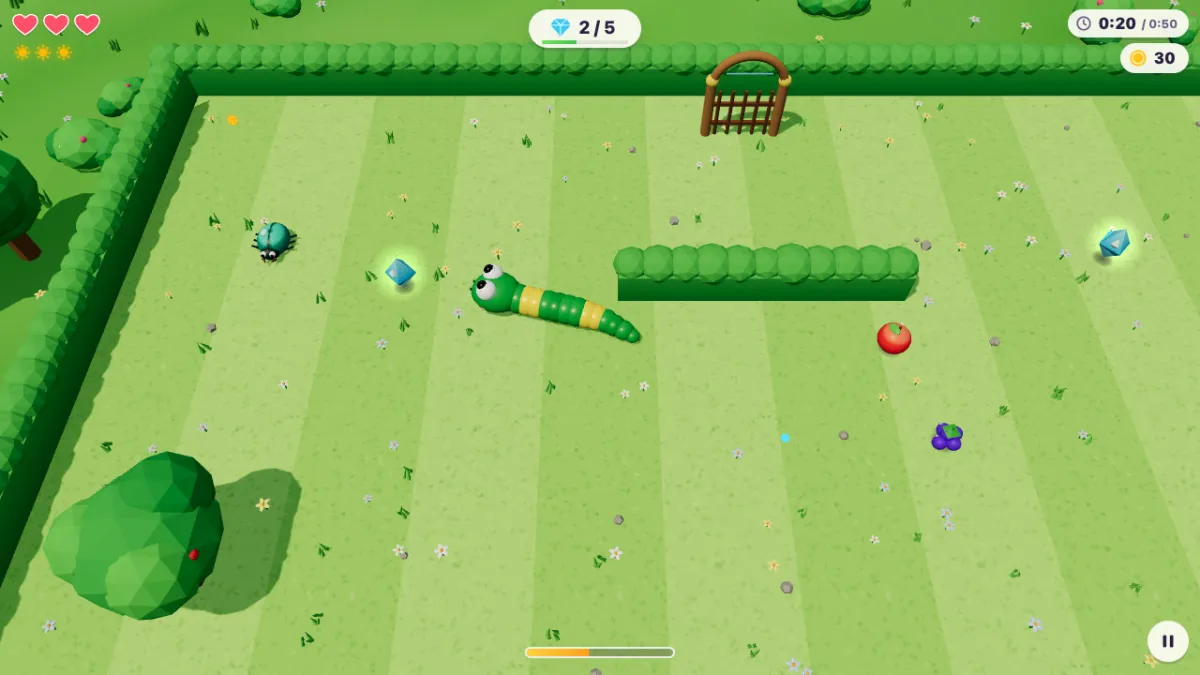 The orchard level: hedges, a wooden gate, fruit, gems and a beetle on the grass